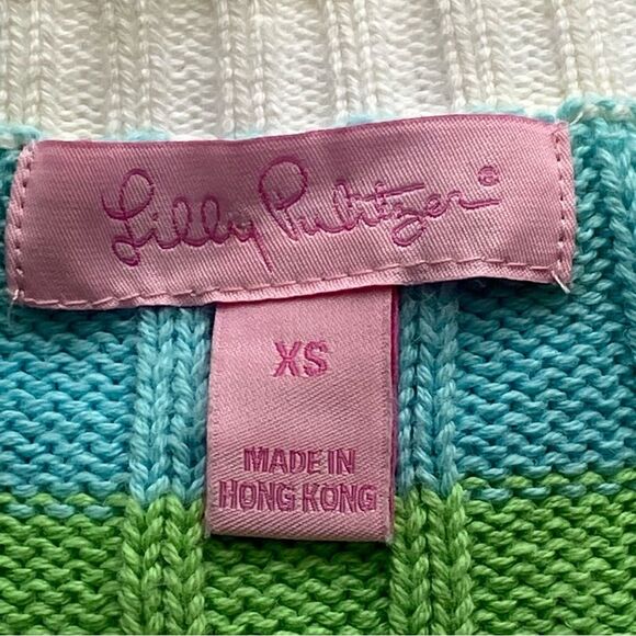 Y2K Lilly Pulitzer Blue/ Green Logo Striped Cable Knit Sweater Size Extra Small - Picture 12 of 16